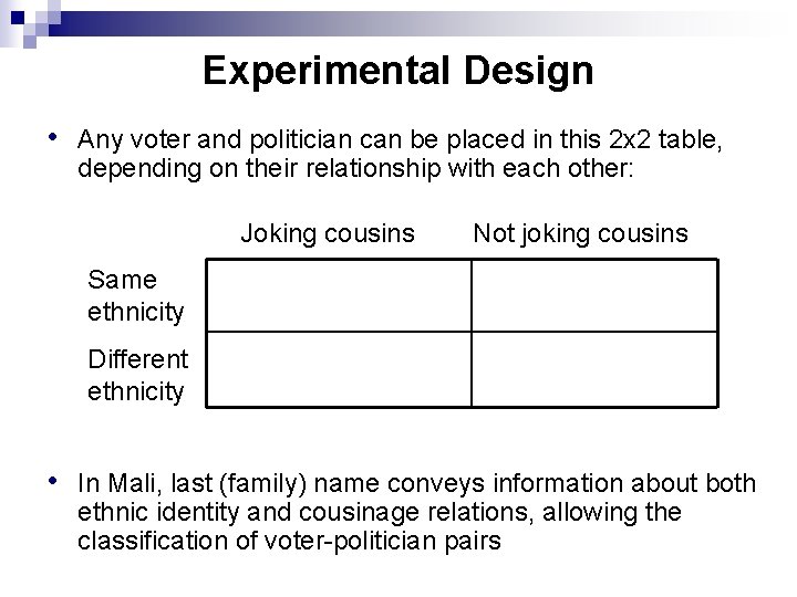 Experimental Design • Any voter and politician can be placed in this 2 x Experimental Design • Any voter and politician can be placed in this 2 x