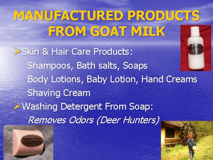 MANUFACTURED PRODUCTS FROM GOAT MILK ØSkin & Hair Care Products: Shampoos, Bath salts, Soaps