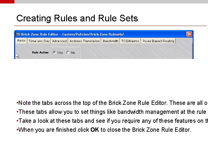 Creating Rules and Rule Sets • Note the tabs across the top of the