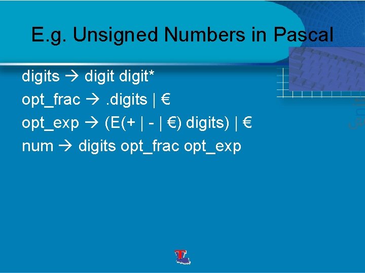 E. g. Unsigned Numbers in Pascal digits digit* opt_frac . digits | € opt_exp