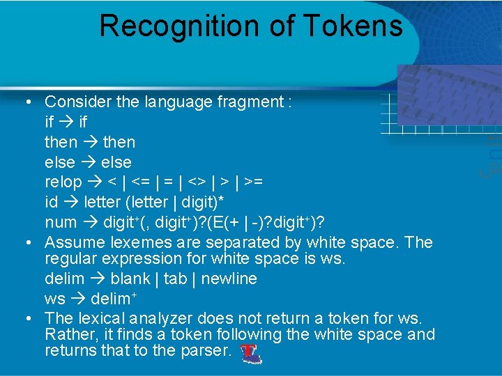 Recognition of Tokens • Consider the language fragment : if then else relop <