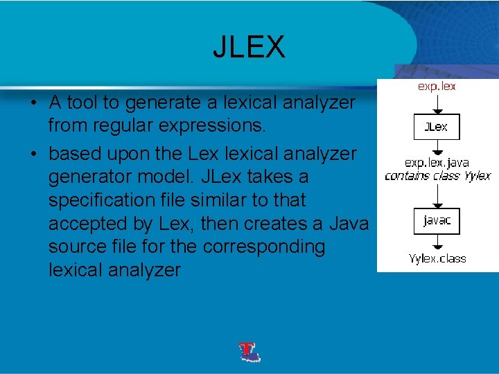 JLEX • A tool to generate a lexical analyzer from regular expressions. • based
