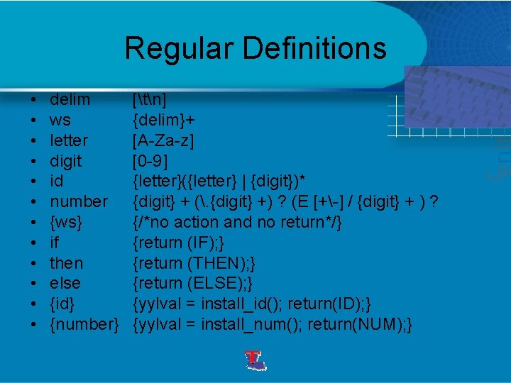 Regular Definitions • • • delim ws letter digit id number {ws} if then