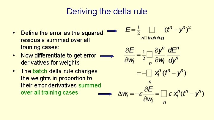Deriving the delta rule • Define the error as the squared residuals summed over