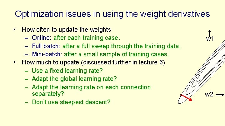 Optimization issues in using the weight derivatives • How often to update the weights