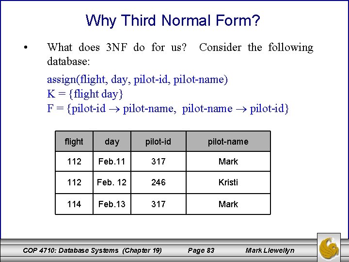 Why Third Normal Form? • What does 3 NF do for us? database: Consider