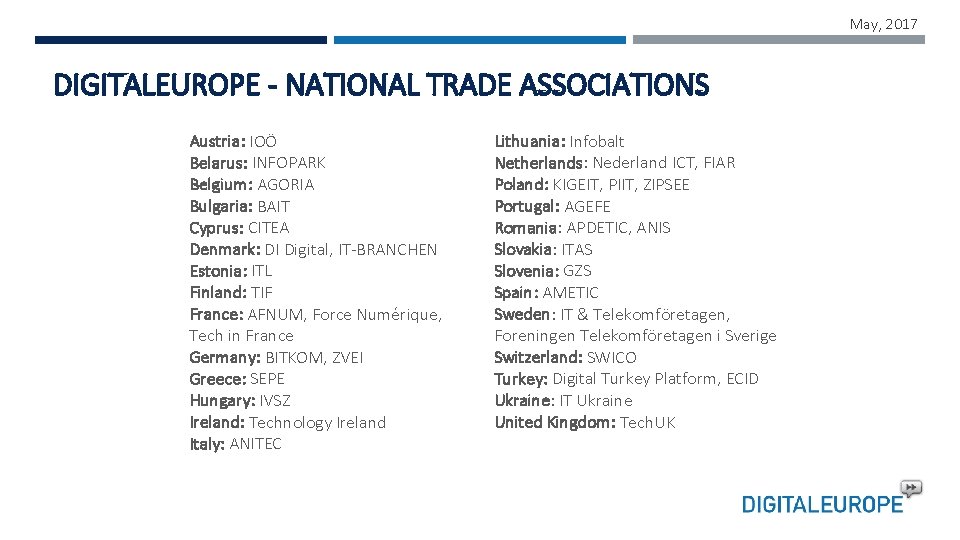 May, 2017 DIGITALEUROPE - NATIONAL TRADE ASSOCIATIONS Austria: IOÖ Belarus: INFOPARK Belgium: AGORIA Bulgaria: