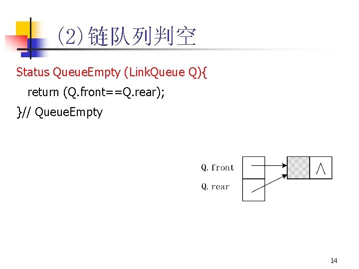 (2)链队列判空 Status Queue. Empty (Link. Queue Q){ return (Q. front==Q. rear); }// Queue. Empty