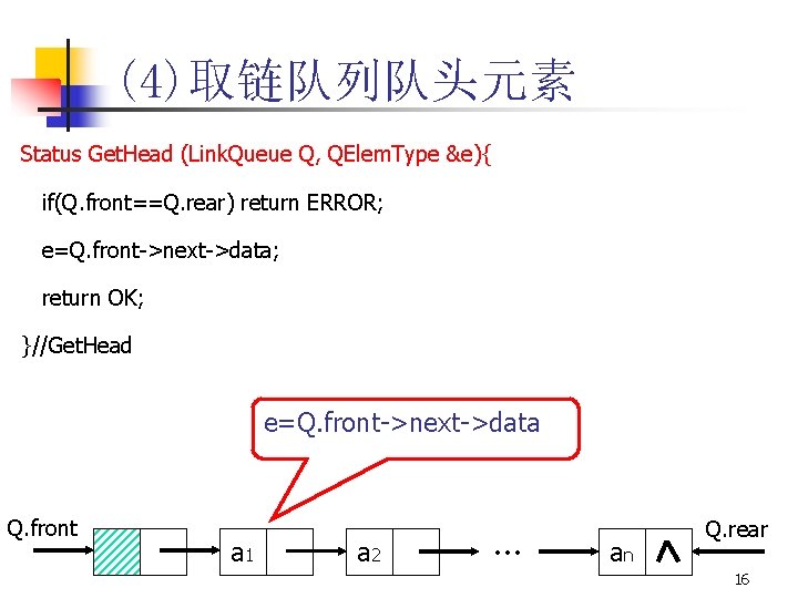 (4)取链队列队头元素 Status Get. Head (Link. Queue Q, QElem. Type &e){ if(Q. front==Q. rear) return