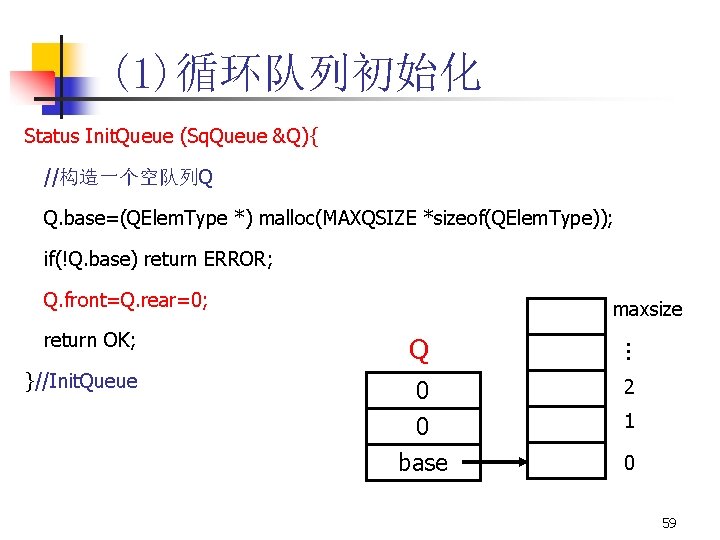 (1)循环队列初始化 Status Init. Queue (Sq. Queue &Q){ //构造一个空队列Q Q. base=(QElem. Type *) malloc(MAXQSIZE *sizeof(QElem.