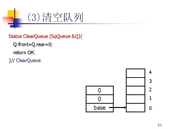 (3)清空队列 Status Clear. Queue (Sq. Queue &Q){ Q. front=Q. rear=0; return OK: }// Clear.