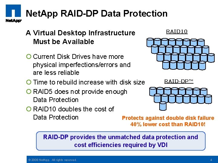 Net. App RAID-DP Data Protection A Virtual Desktop Infrastructure Must be Available RAID 10