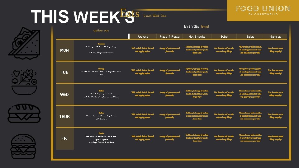 Eats THIS WEEK’S Lunch Week One Everyday faves! option one Jackets Pizza & Pasta