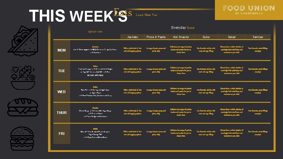 Eats THIS WEEK’S Lunch Week Two Everyday faves! option one Jackets Pizza & Pasta