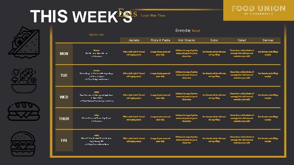 Eats THIS WEEK’S Lunch Week Three Everyday faves! option one Jackets Pizza & Pasta