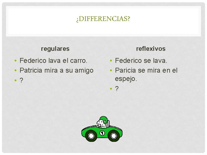 ¿DIFFERENCIAS? regulares • Federico lava el carro. • Patricia mira a su amigo •