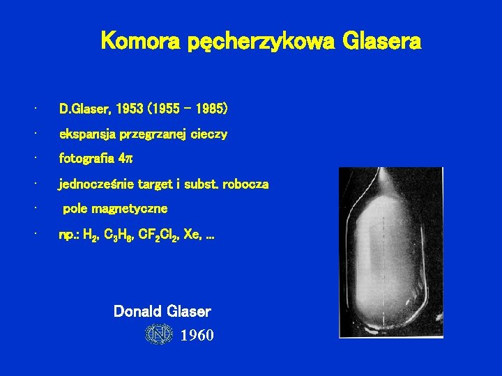 Komora pęcherzykowa Glasera • D. Glaser, 1953 (1955 – 1985) • ekspansja przegrzanej cieczy