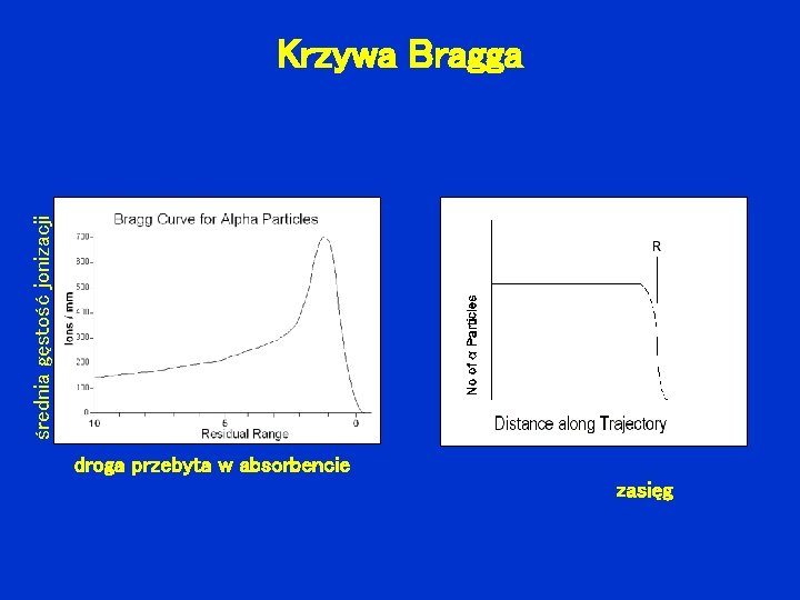 średnia gęstość jonizacji Krzywa Bragga droga przebyta w absorbencie zasięg 