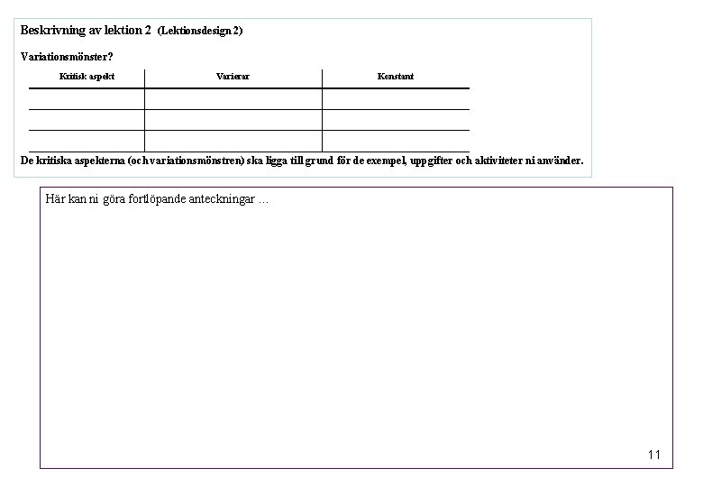 Beskrivning av lektion 2 (Lektionsdesign 2) Variationsmönster? Kritisk aspekt Varierar Konstant De kritiska aspekterna