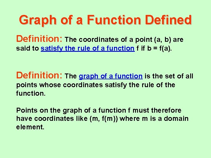 Graph of a Function Defined Definition: The coordinates of a point (a, b) are