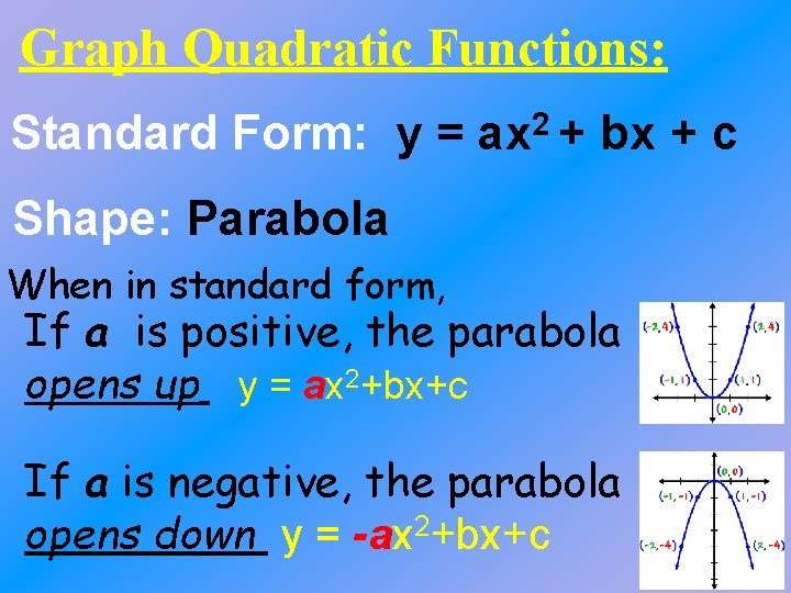 Graph Quadratic Functions: Standard Form: y = 2 ax + bx + c Shape: