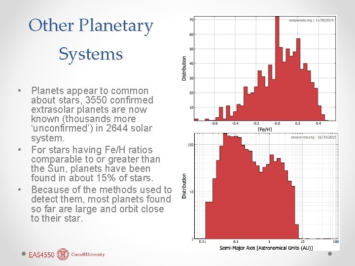 Other Planetary Systems • Planets appear to common about stars, 3550 confirmed extrasolar planets