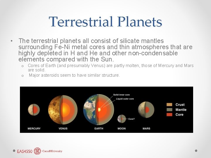 Terrestrial Planets • The terrestrial planets all consist of silicate mantles surrounding Fe-Ni metal