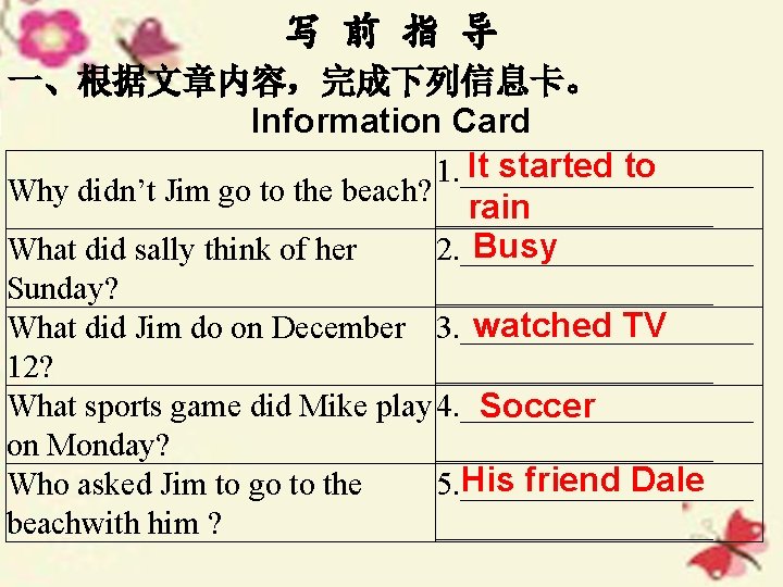 写 前 指 导 一、根据文章内容，完成下列信息卡。 Information Card It started to 1. _________ Why didn’t