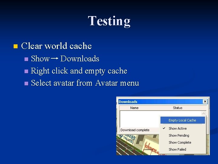 Testing n Clear world cache Show Downloads n Right click and empty cache n