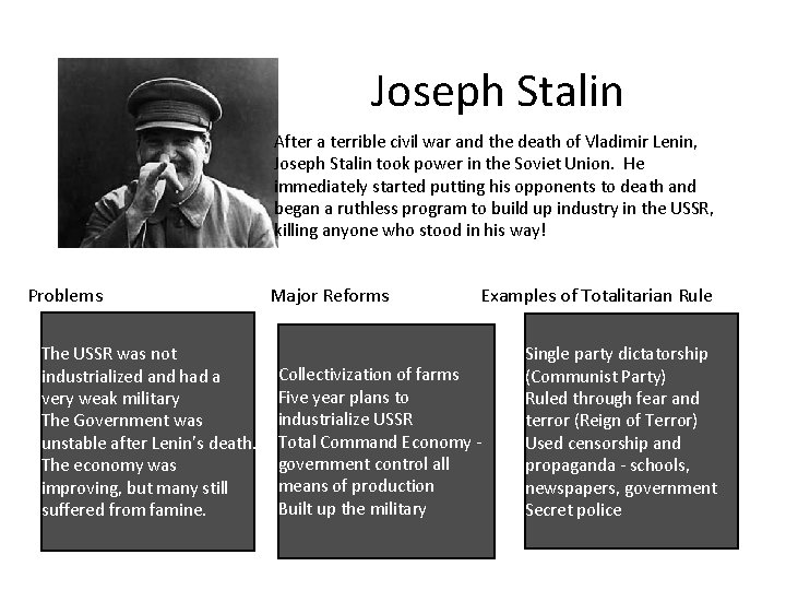 Joseph Stalin After a terrible civil war and the death of Vladimir Lenin, Joseph