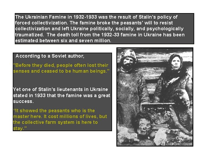 The Ukrainian Famine in 1932 -1933 was the result of Stalin's policy of forced