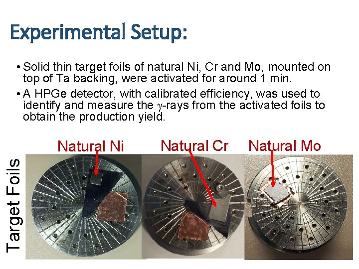 Experimental Setup: • Solid thin target foils of natural Ni, Cr and Mo, mounted