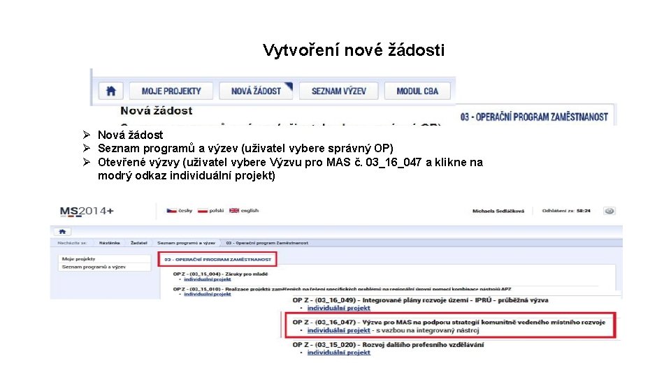 Vytvoření nové žádosti Ø Nová žádost Ø Seznam programů a výzev (uživatel vybere správný