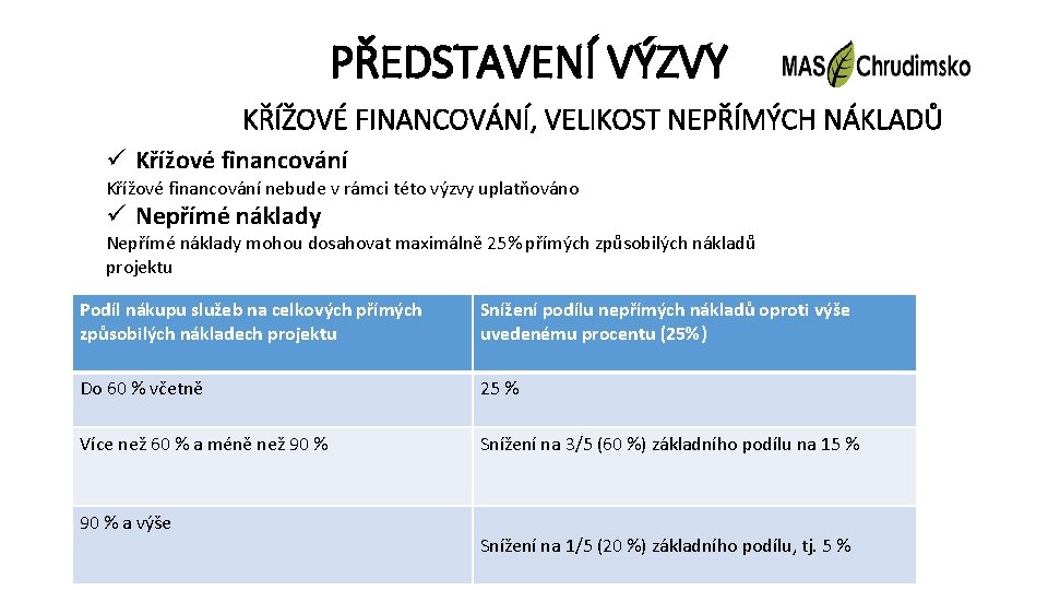 PŘEDSTAVENÍ VÝZVY KŘÍŽOVÉ FINANCOVÁNÍ, VELIKOST NEPŘÍMÝCH NÁKLADŮ ü Křížové financování nebude v rámci této