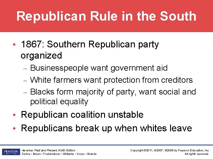 Republican Rule in the South • 1867: Southern Republican party organized – – –