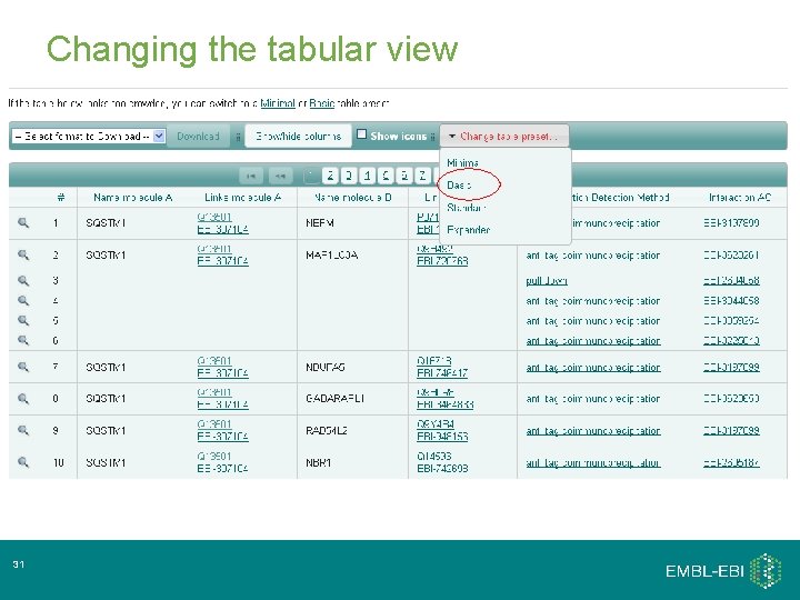 Changing the tabular view 31 