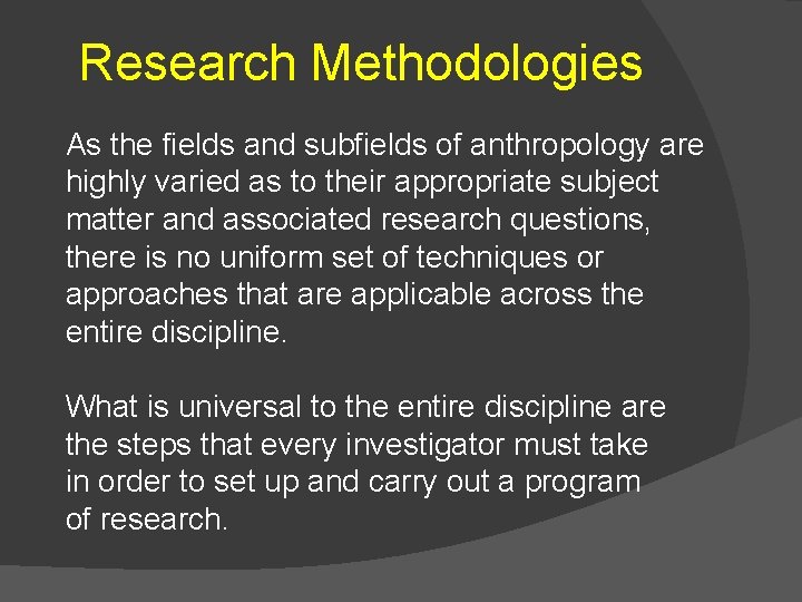 Research Methodologies As the fields and subfields of anthropology are highly varied as to Research Methodologies As the fields and subfields of anthropology are highly varied as to