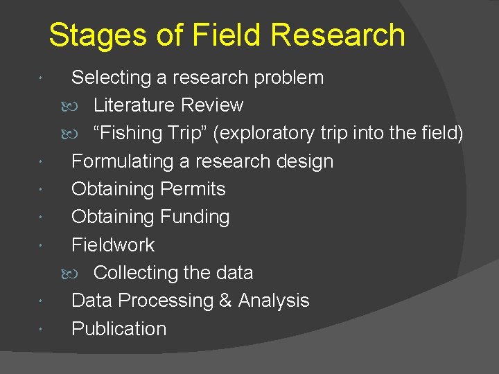 Stages of Field Research Selecting a research problem Literature Review “Fishing Trip” (exploratory trip Stages of Field Research Selecting a research problem Literature Review “Fishing Trip” (exploratory trip