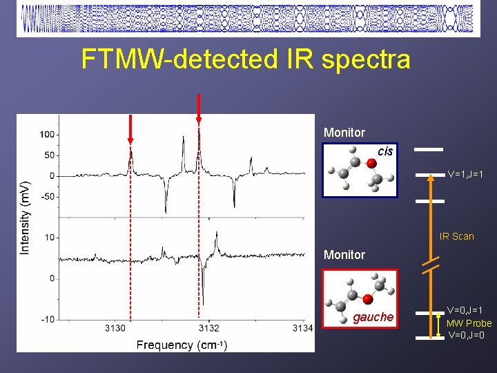 FTMW-detected IR spectra Monitor cis V=1, J=1 IR Scan Monitor gauche V=0, J=1 MW