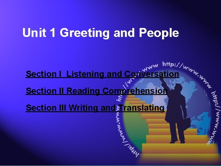 Unit 1 Greeting and People Section I Listening and Conversation Section II Reading Comprehension