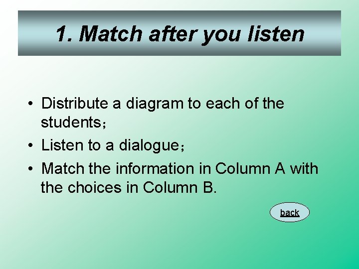 1. Match after you listen • Distribute a diagram to each of the students；