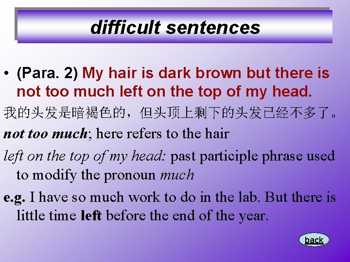 difficult sentences • (Para. 2) My hair is dark brown but there is not
