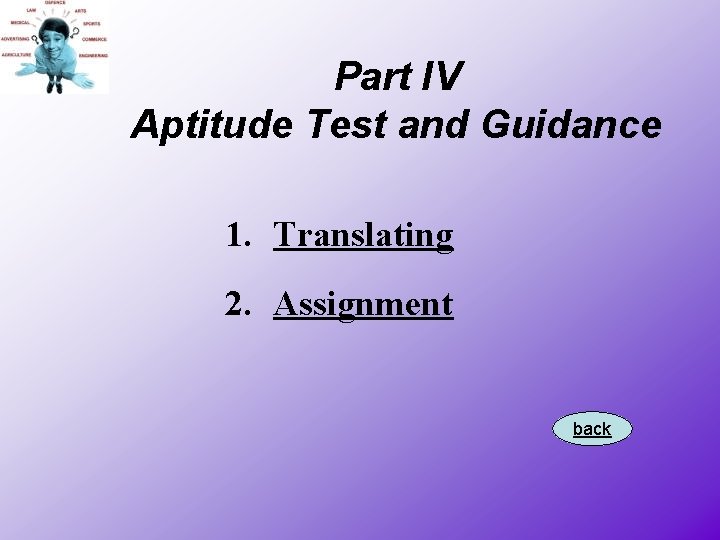 Part IV Aptitude Test and Guidance 1. Translating 2. Assignment back 