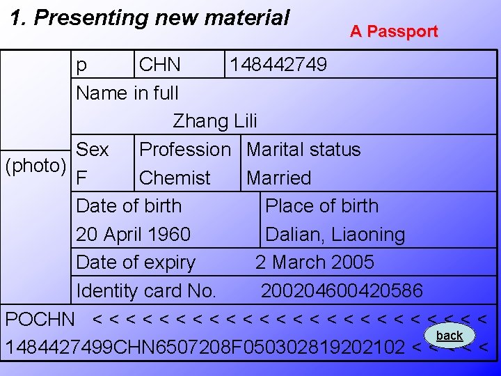 1. Presenting new material A Passport p CHN 148442749 Name in full Zhang Lili