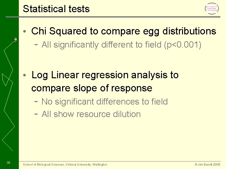 Statistical tests • Chi Squared to compare egg distributions - All significantly different to