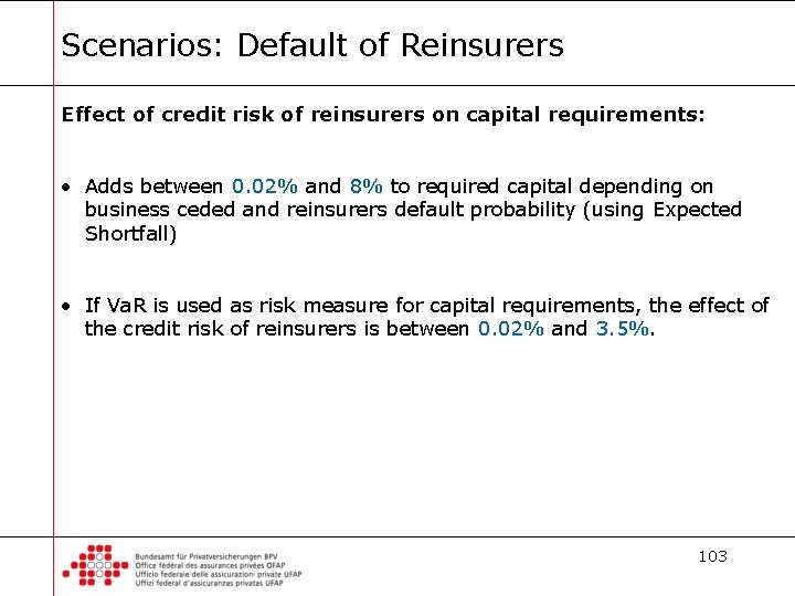 Scenarios: Default of Reinsurers Effect of credit risk of reinsurers on capital requirements: •
