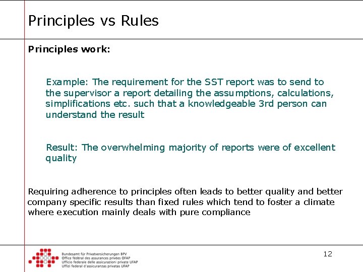 Principles vs Rules Principles work: Example: The requirement for the SST report was to