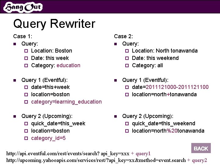 Query Rewriter Case 1: n Query: ¨ Location: Boston ¨ Date: this week ¨