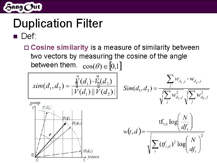 Duplication Filter n Def: ¨ Cosine similarity is a measure of similarity between two