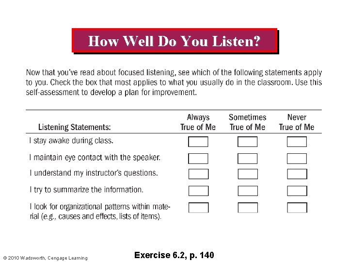How Well Do You Listen? © 2010 Wadsworth, Cengage Learning Exercise 6. 2, p.